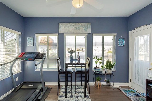 exercise area with ceiling fan, dark wood-type flooring, and a wealth of natural light