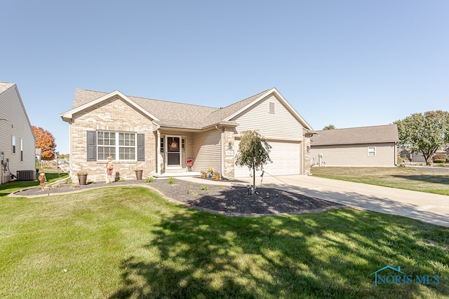 ranch-style house featuring cooling unit, a garage, and a front lawn