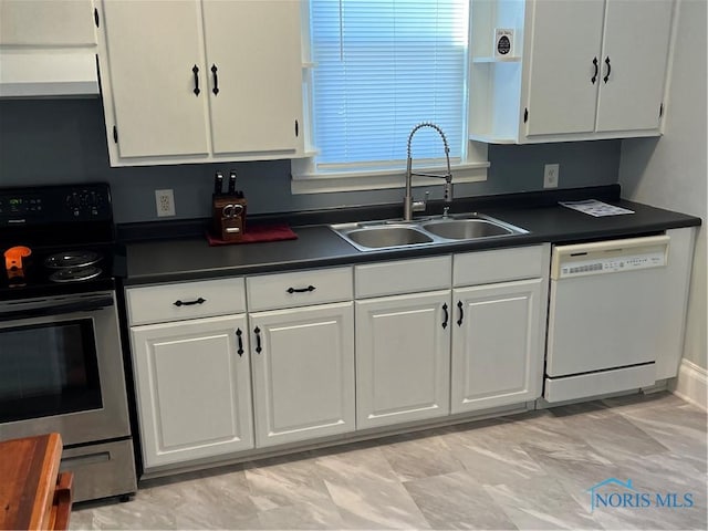 kitchen with stainless steel range, white dishwasher, extractor fan, sink, and white cabinets