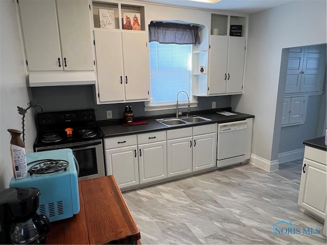 kitchen featuring white cabinetry, sink, white dishwasher, and electric range oven