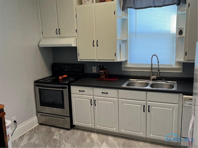 kitchen with dishwasher, electric range, sink, and white cabinets