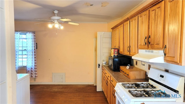 kitchen featuring ceiling fan, dark wood-type flooring, crown molding, white range with gas stovetop, and range hood