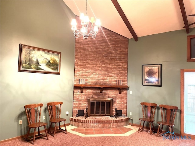 carpeted living room featuring a fireplace, vaulted ceiling with beams, and an inviting chandelier