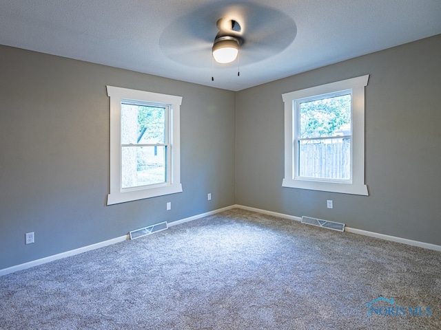 spare room with ceiling fan, plenty of natural light, carpet floors, and a textured ceiling