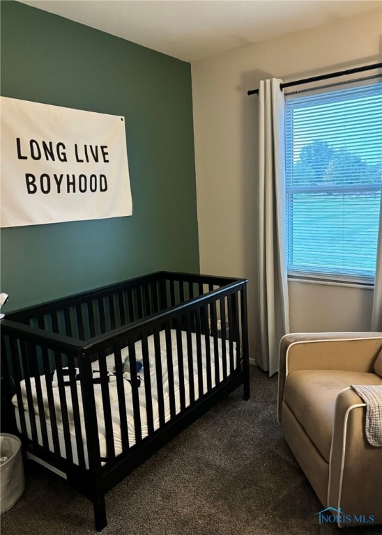 bedroom featuring a nursery area and carpet