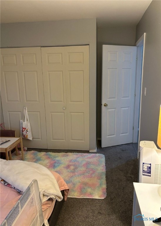 bedroom featuring dark carpet and a closet