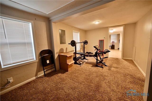 workout room with a textured ceiling, electric panel, and carpet flooring