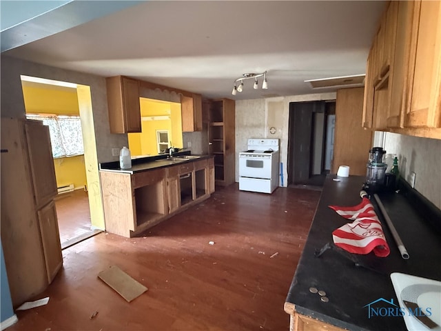 kitchen featuring dark wood-type flooring, baseboard heating, sink, and electric range