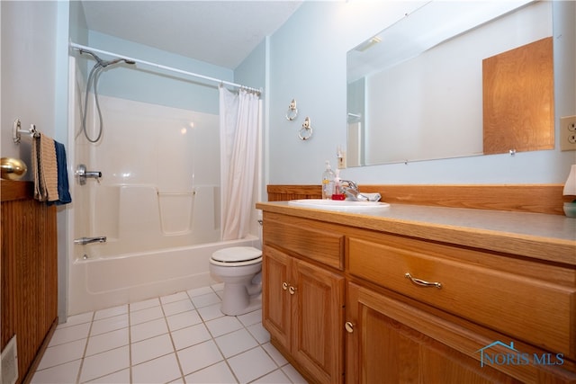 full bathroom featuring vanity, shower / bath combo, toilet, and tile patterned flooring