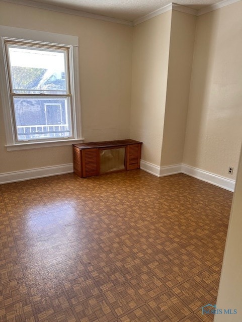 spare room featuring ornamental molding and a textured ceiling