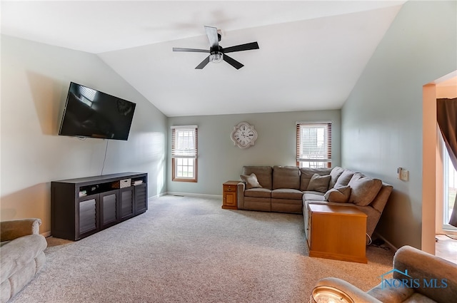 carpeted living room with ceiling fan and lofted ceiling