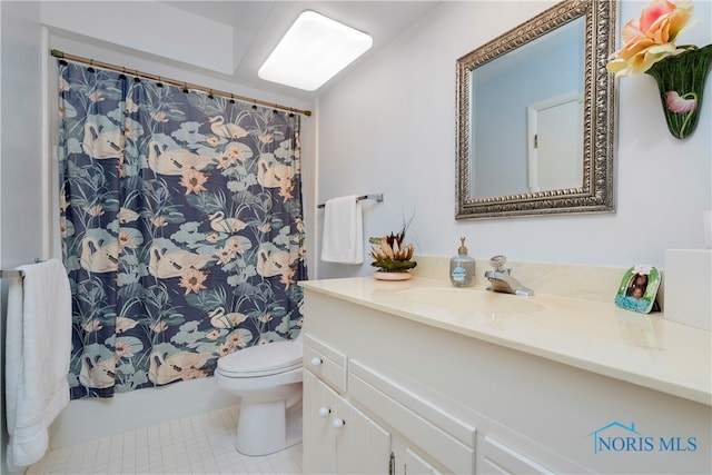 full bathroom featuring vanity, tile patterned floors, toilet, and shower / bathtub combination with curtain