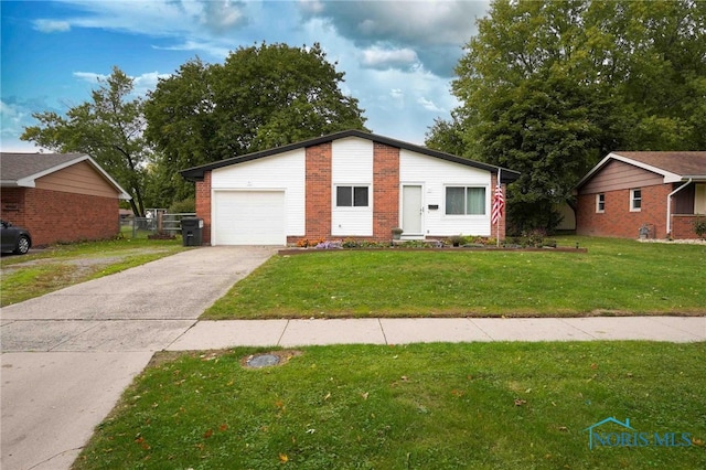 ranch-style house with a front yard and a garage