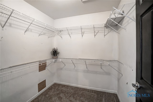 spacious closet featuring dark carpet