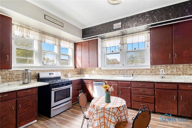 kitchen featuring a healthy amount of sunlight, light hardwood / wood-style floors, and appliances with stainless steel finishes