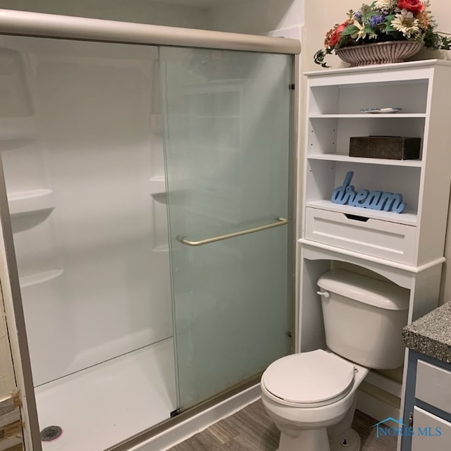 bathroom with hardwood / wood-style flooring, vanity, toilet, and an enclosed shower