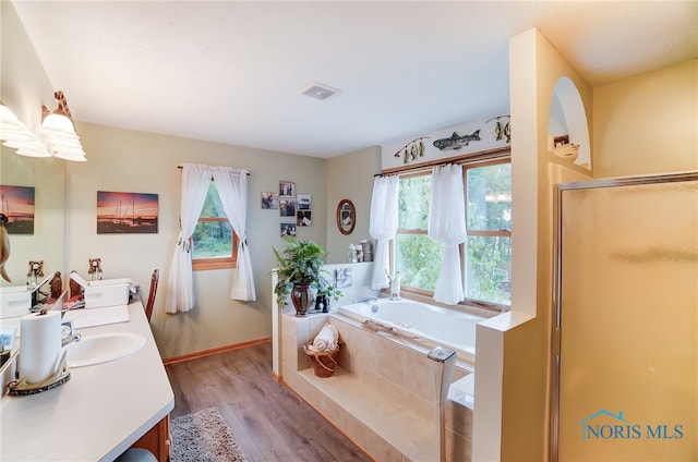 bathroom with vanity, hardwood / wood-style floors, and plus walk in shower