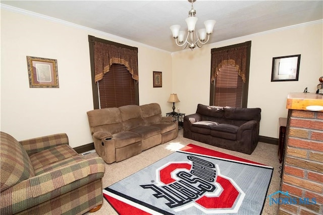 carpeted living room with crown molding and a chandelier