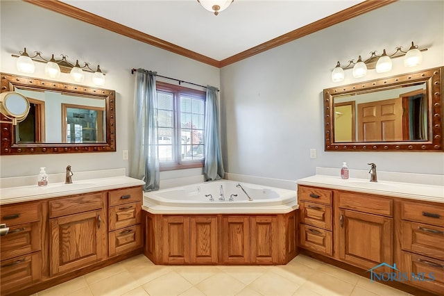 bathroom featuring vanity, a bathtub, ornamental molding, and tile patterned flooring