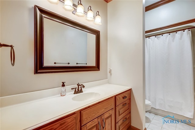 bathroom with tile patterned floors, toilet, a shower with curtain, crown molding, and vanity