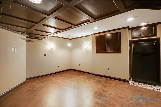 basement with black refrigerator