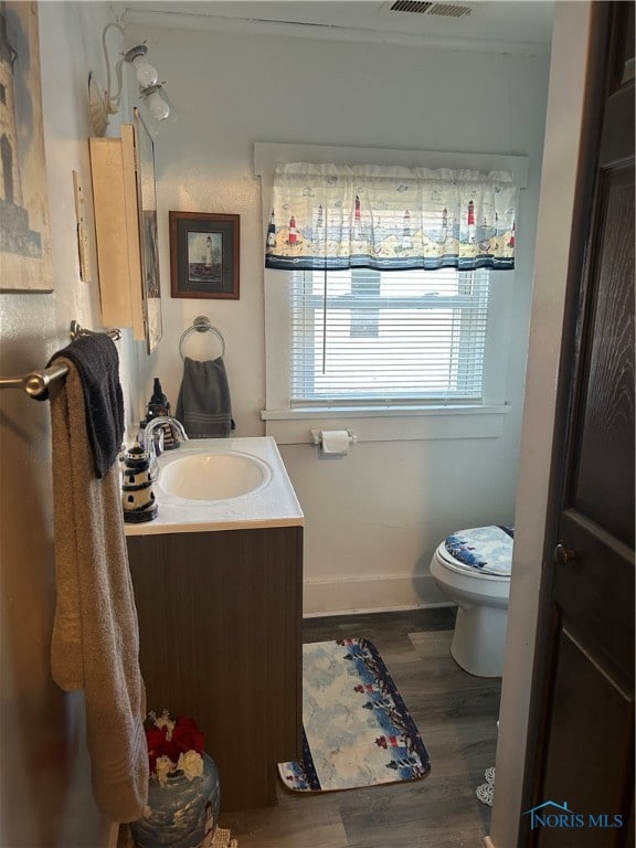 bathroom with vanity, hardwood / wood-style flooring, and toilet