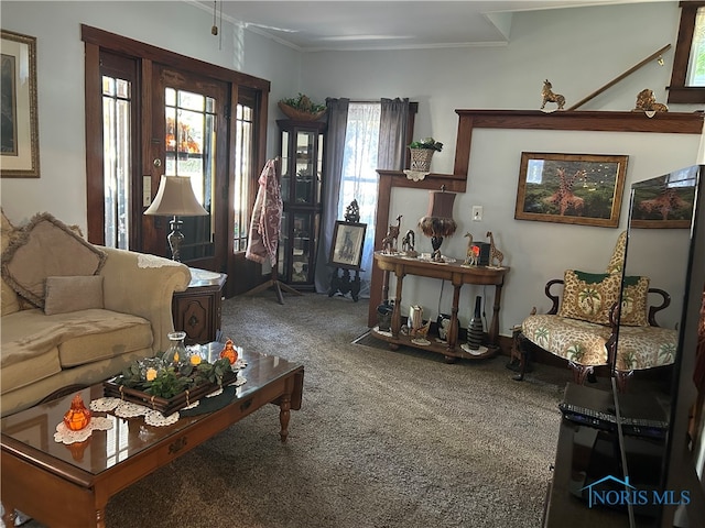 living room with ornamental molding and carpet flooring