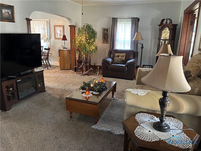 carpeted living room featuring crown molding