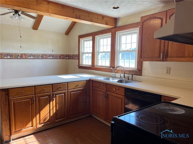 kitchen with ceiling fan, black appliances, lofted ceiling with beams, sink, and tile patterned floors