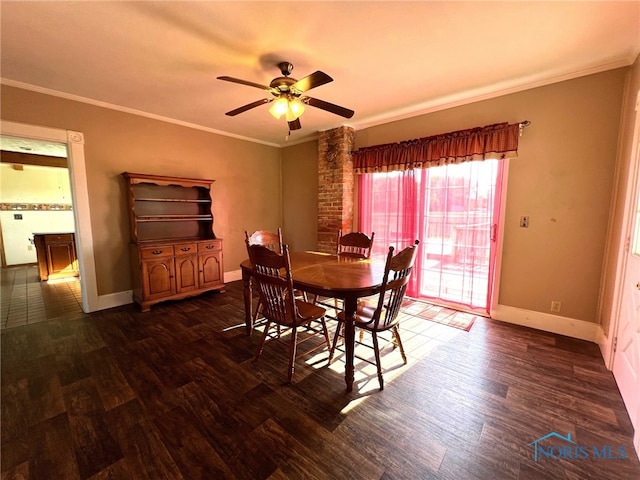 dining room with ornamental molding, dark wood-type flooring, and ceiling fan