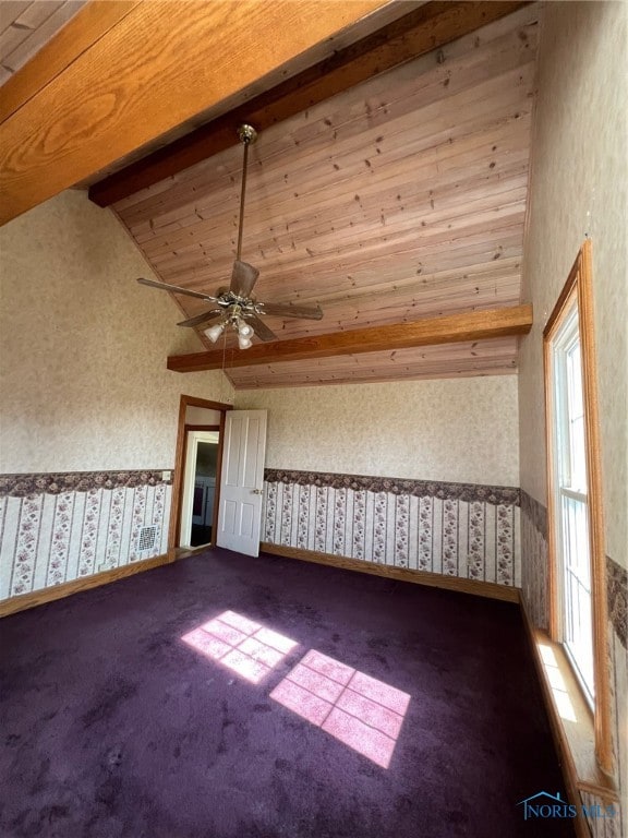 additional living space featuring ceiling fan, high vaulted ceiling, beamed ceiling, and carpet floors