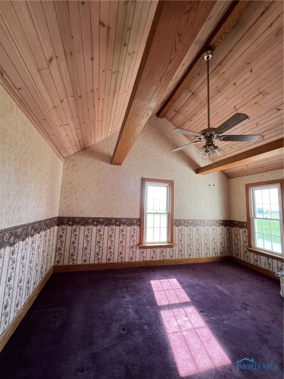 additional living space featuring carpet, wooden ceiling, plenty of natural light, and ceiling fan