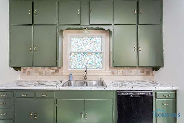 kitchen with sink, dishwasher, green cabinetry, and decorative backsplash