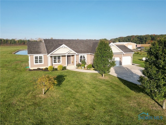 ranch-style home featuring a front yard and a garage