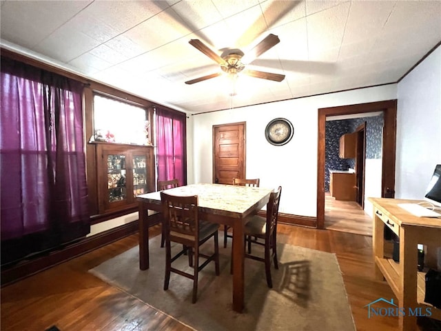 dining room with a baseboard heating unit, dark hardwood / wood-style flooring, and ceiling fan