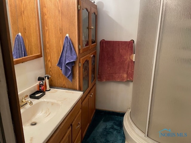 bathroom featuring vanity and a shower with shower door