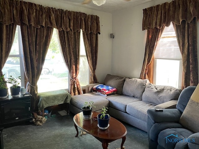 living room with ceiling fan and carpet