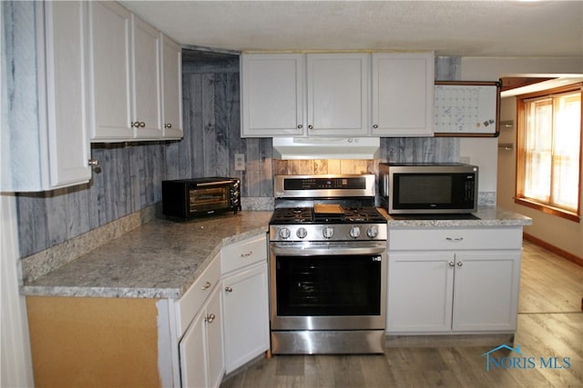 kitchen with white cabinetry, light hardwood / wood-style floors, and stainless steel appliances