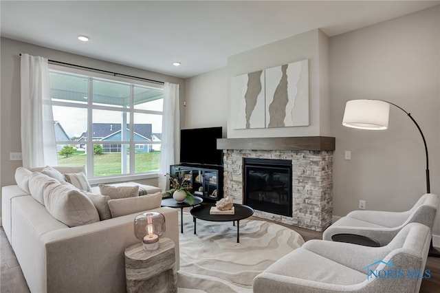 living room with hardwood / wood-style flooring and a fireplace