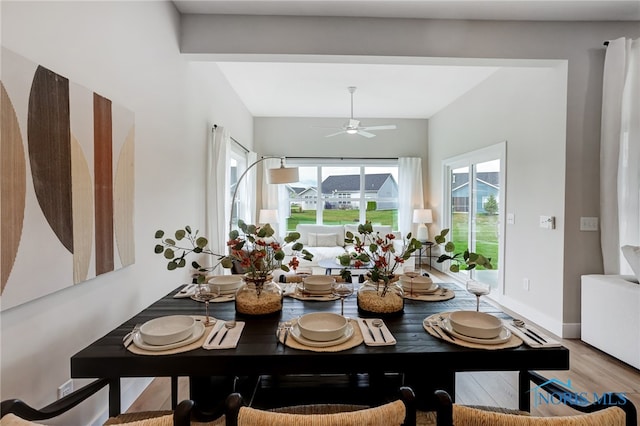 dining room with hardwood / wood-style floors and ceiling fan