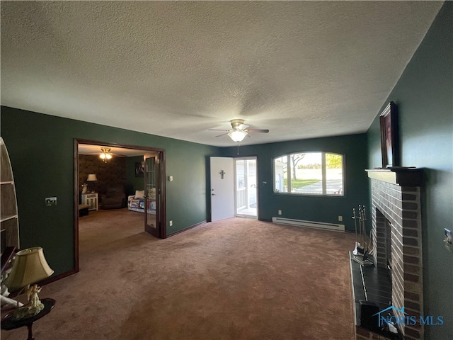 living room with a baseboard heating unit, carpet, a textured ceiling, a fireplace, and ceiling fan