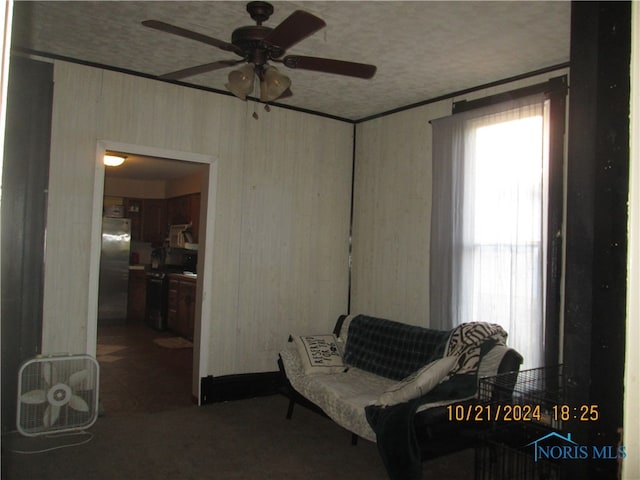 living area with ceiling fan