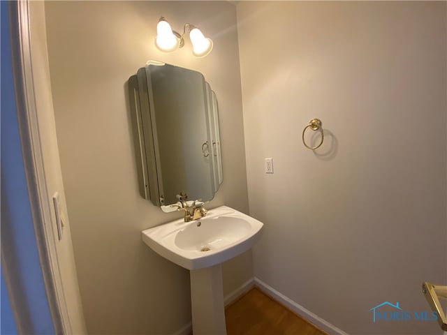 bathroom with wood-type flooring