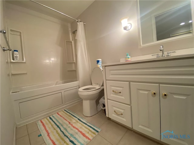 full bathroom featuring vanity, shower / tub combo with curtain, toilet, and tile patterned flooring