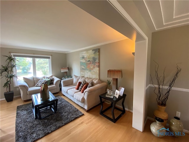 living room featuring crown molding and hardwood / wood-style floors