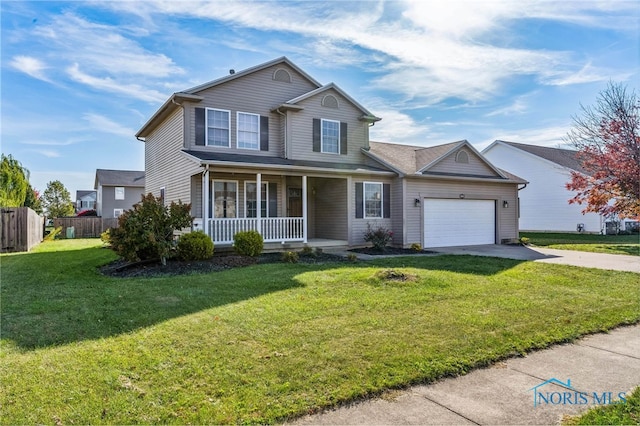 front facade with a porch, a front yard, and a garage