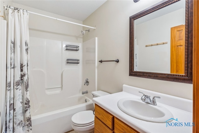 full bathroom featuring vanity, toilet, and shower / bathtub combination with curtain