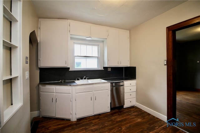 kitchen with stainless steel dishwasher, sink, white cabinets, and dark hardwood / wood-style floors