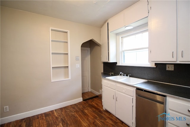 kitchen with sink, dishwasher, white cabinetry, dark hardwood / wood-style floors, and built in shelves