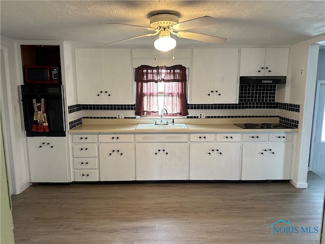 kitchen with white cabinetry, black appliances, sink, and wood-type flooring